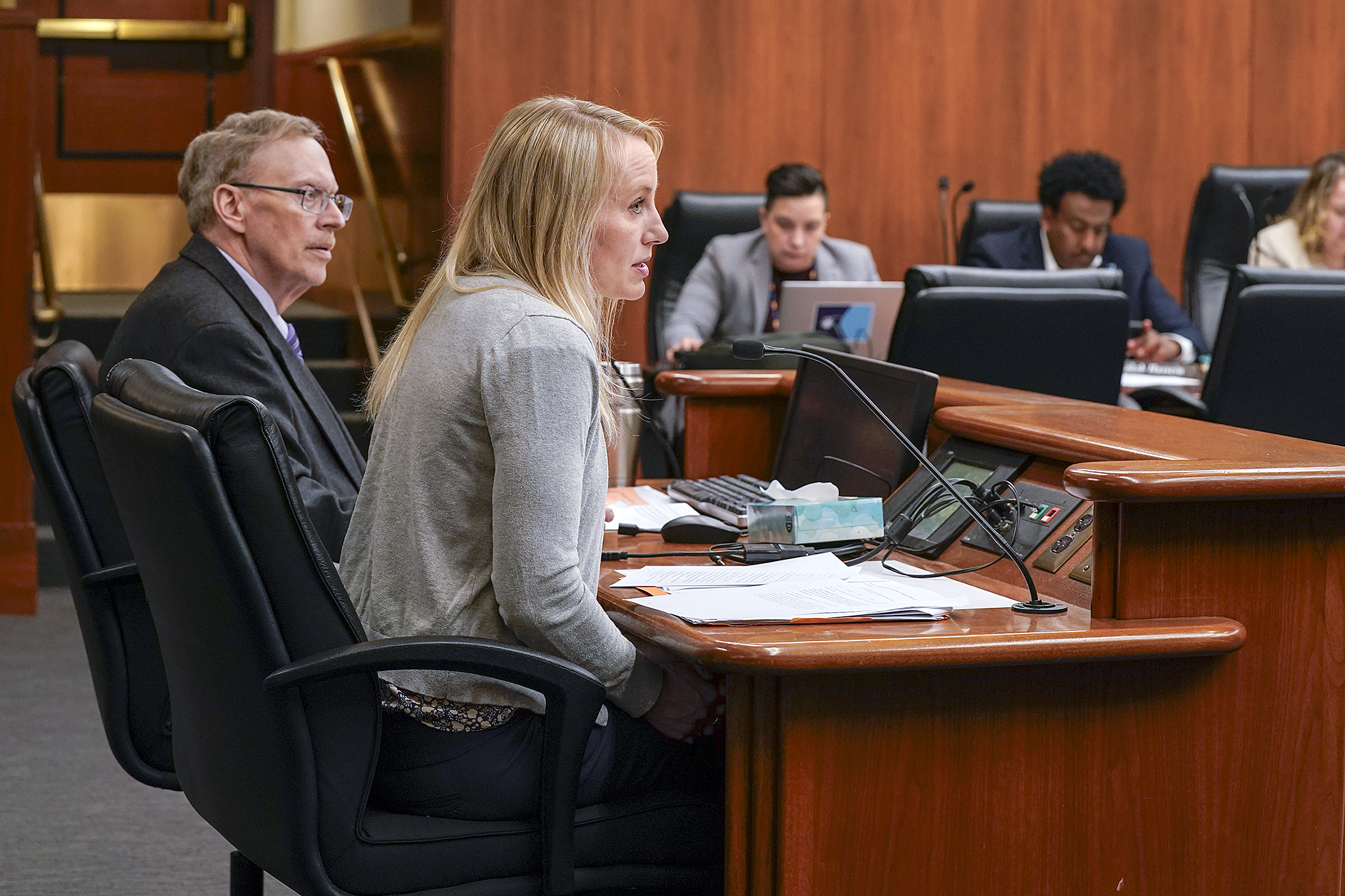 Department of Labor and Industry Deputy Commissioner Kate Perushek testifies before the House labor and industry committee April 9 regarding HF5224, sponsored by Rep. Michael Nelson. (Photo by Michele Jokinen)